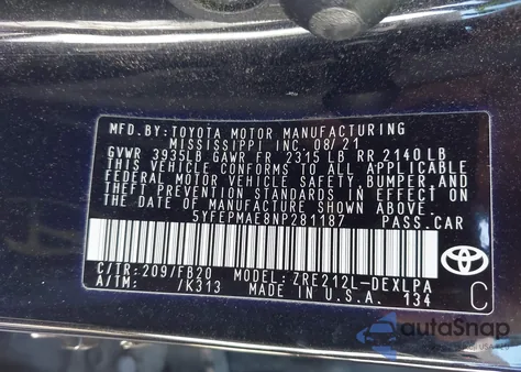 2022 Toyota Corolla Le from USA, damaged, VIN 5YFEPMAE8NP281187